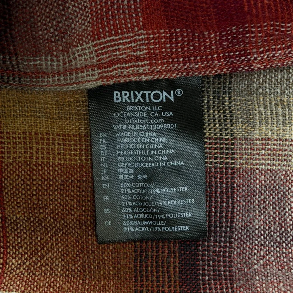 Brixton Bowery Flannel Shirt Mens Large Red Orange Plaid Long‎ Sleeve Button Up
